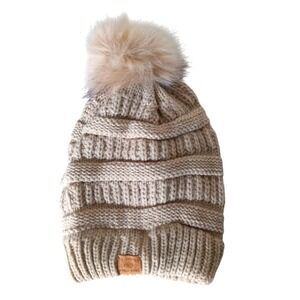 Page One Beanie Women OS Beige Faux Fur Lined Pom Pom Cable Knit Winter Hat
